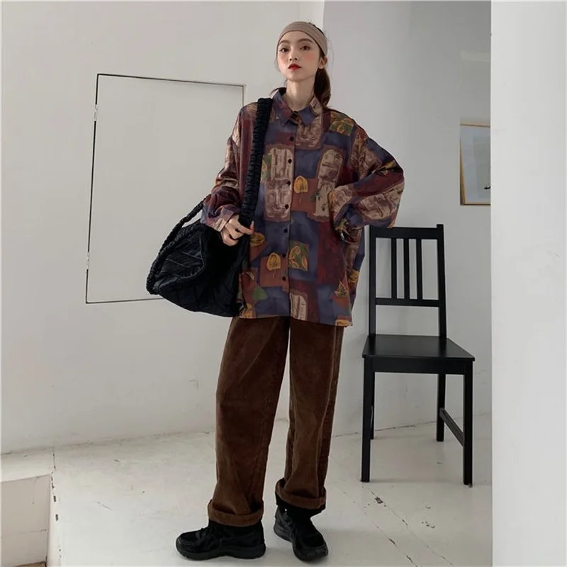 

Shirt Women Japanese Style Retro Popular Street Oversized Vintage Print Long Sleeve Harajuku Blouse Turn-down Collar Top Unisex