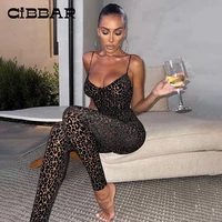 cibbar leopard print skinny camisole jumpsuit women mesh flocking low chest sleeveless sexy bodycon clubwear overalls one piece