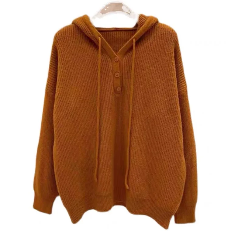 

Женский пуловер с капюшоном, разноцветный свободный свитер, верхняя одежда в стиле ретро, вязаные топы с шапкой, осень 2021