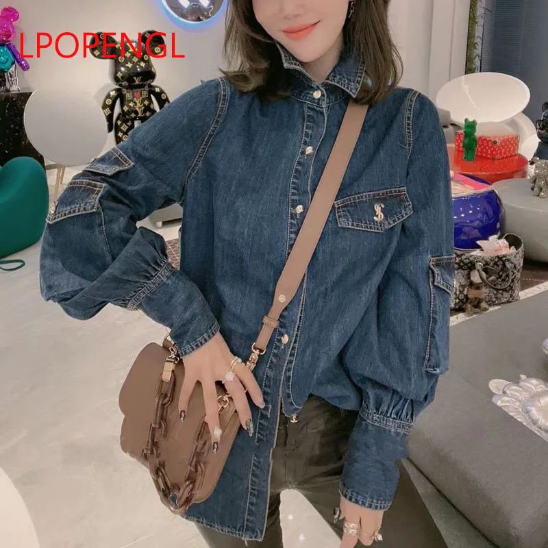 

Женская джинсовая куртка, однотонная Повседневная синяя куртка в Корейском стиле с рукавами-фонариками, винтажная Свободная джинсовая кур...