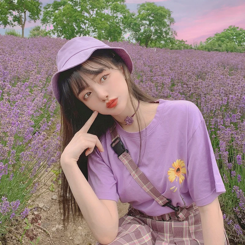 

Princess sweet lolita T-shirt Bobon21 Summer Daisy round collar T-shirt sweet potato purple loose short sleeve T-shirt T1895