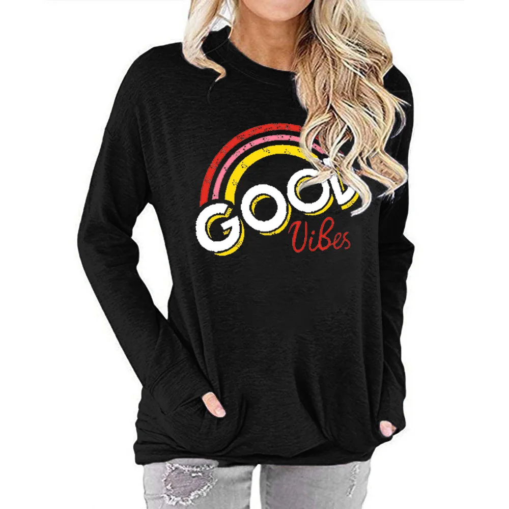 

Good vibes slant rainbow print round neck long sleeve T-shirt