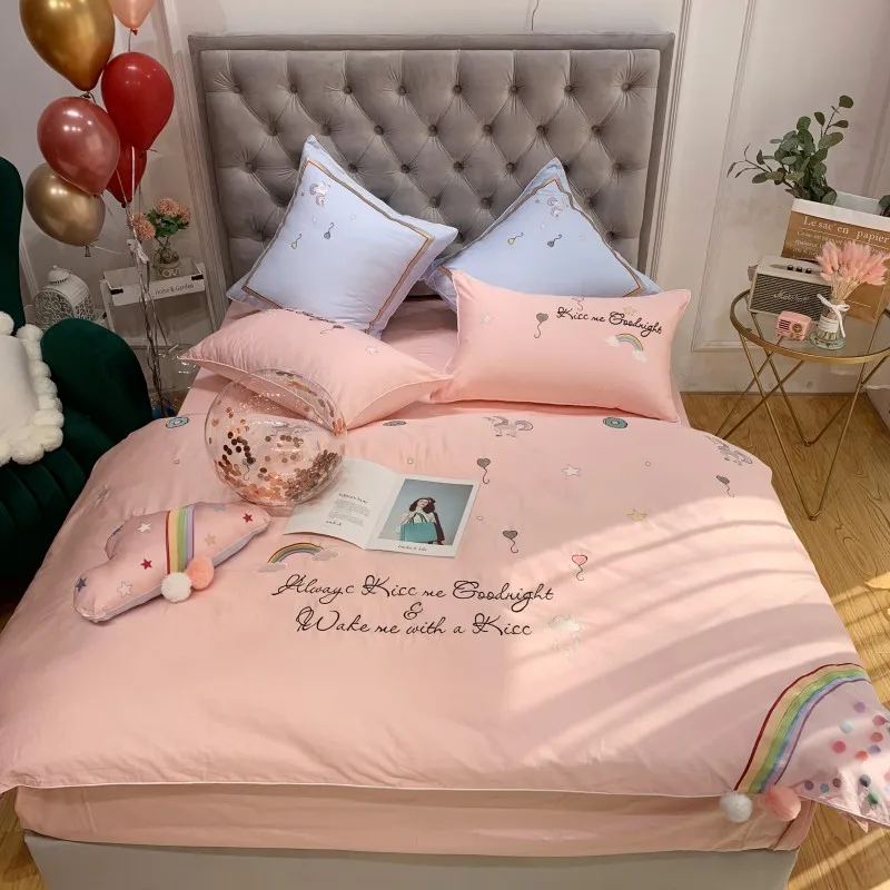 

Luxury Embroidery Egyptian cotton Wedding Bedding sets Queen King Royal Duvet cover Bed sheet Pillowcase pink 4pcs bedclothes