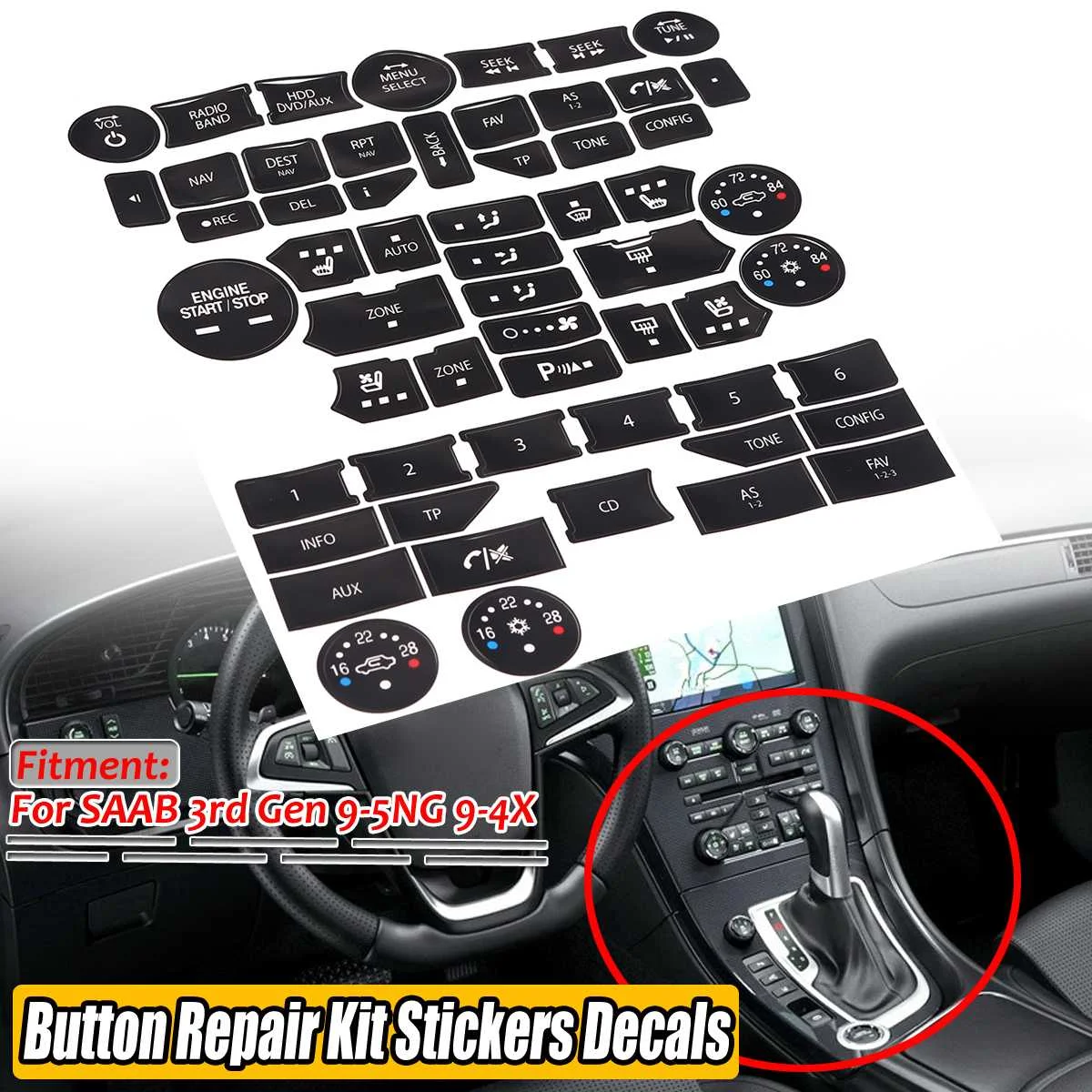 

New Car Air Conditioning Climate Temperature Radio Repair Kit Stickers Decals For SAAB 3rd Gen 9-5NG 9-4X Fix Worn Button