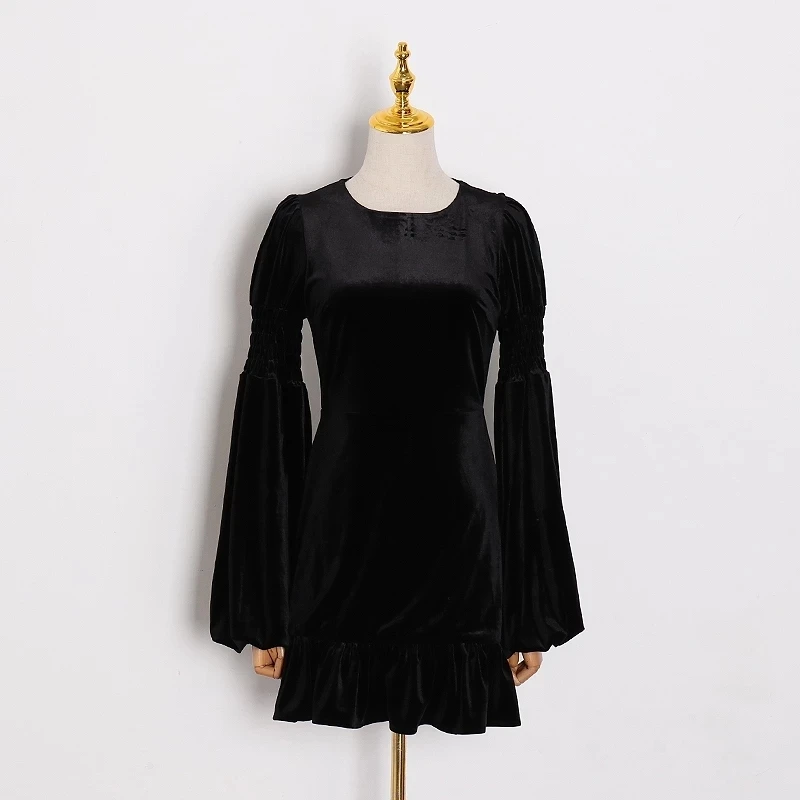 

CHICEVER Temperament Vintage Dress For Women O Neck Puff Long Sleeve Patchwork Ruffles Dresses Female Fashion New Clothes Autumn