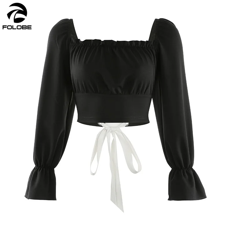 

FOLOBE 2020 Sweet Tops Women Square Collar Lace Up Bow Long Puff Sleeve Ruffles Short Shirt Fashion Spring Summer Sexy Tops