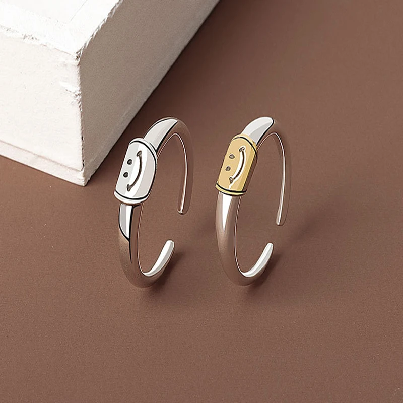 

New Happy Smiley Face Lightning Ring Personality Retro Small Fresh Golden Smiley Open Rings Simple European and American Fashion