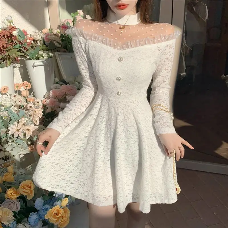 

Sweet Fairy Dress Women Spring Lace Patchwork Party Mini Dress Female Slim French Japanese Kawaii Korean Dress Women New