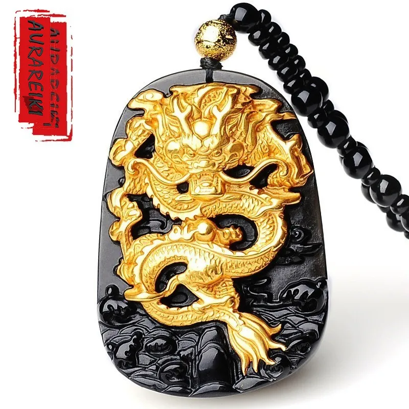 

Obsidian Chinese Dragon Necklace Pendant Gild Oriental Legend Amulet Engraving Dragon Man Women Jewelry Ornament