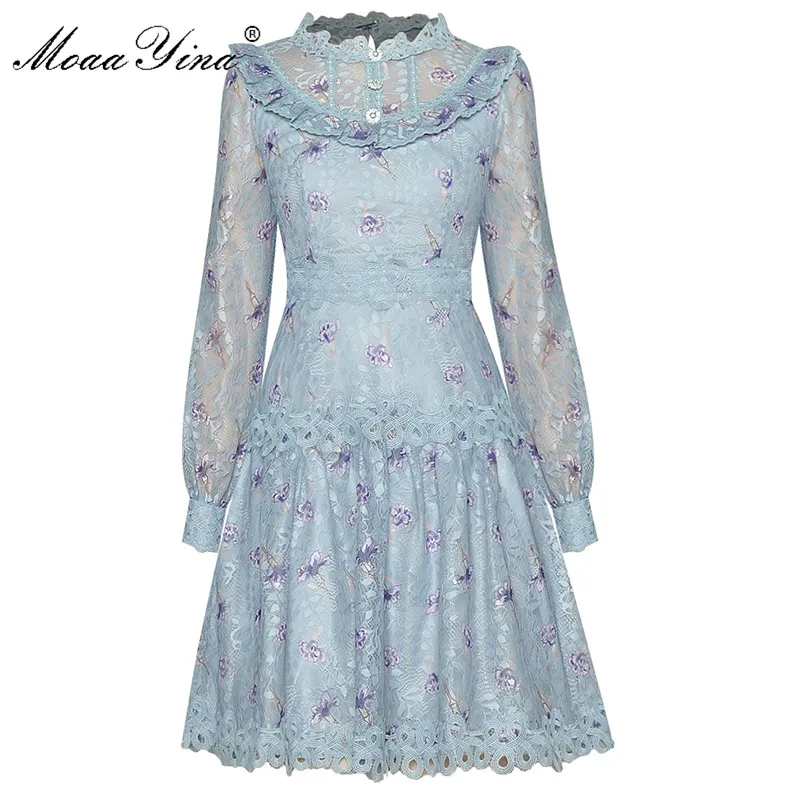 

MoaaYina Fashion Designer dress Spring Women's Dress Long sleeve Lace Ruffles Floral Print Elegant Dresses