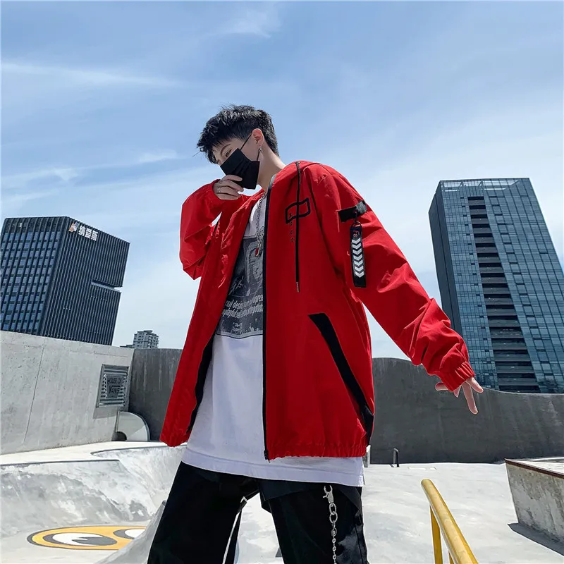 

2019 autumn new trend printing color matching word belt decorative hooded jacket men and women