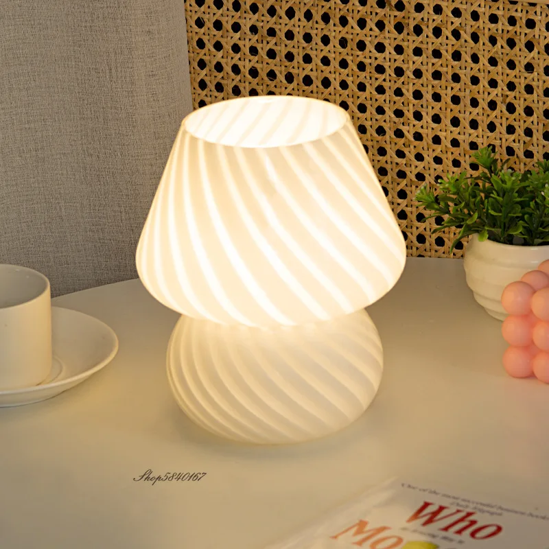 

Cute Mushroom Glass Table Lamps for Bedroom Retro Striped Glass Lamp Lights Living Room Girls Room Lights Creative Beside Lamp