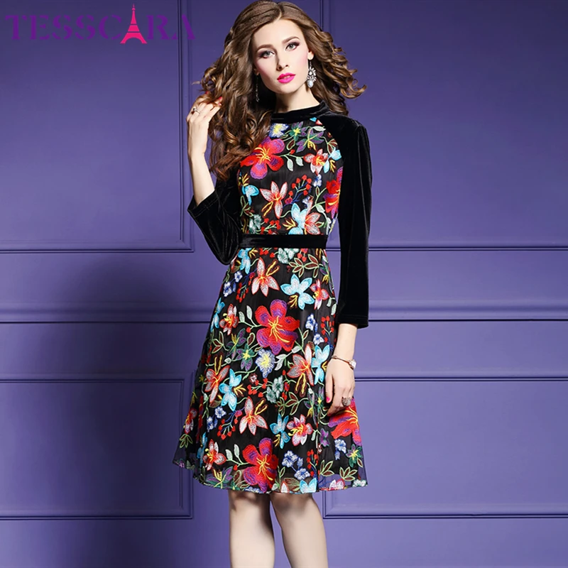 Женское зимнее роскошное Сетчатое платье TESSCARA с цветочной вышивкой женское
