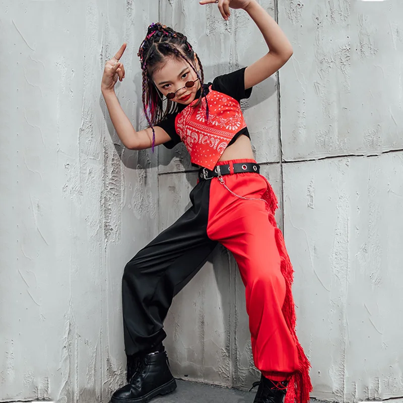 

Kids Jazz Clothes Red Printed Vest Fringe Pants Girls Modern HipHop Street Dance Costumes Children Festival Stage Outfit 120-160