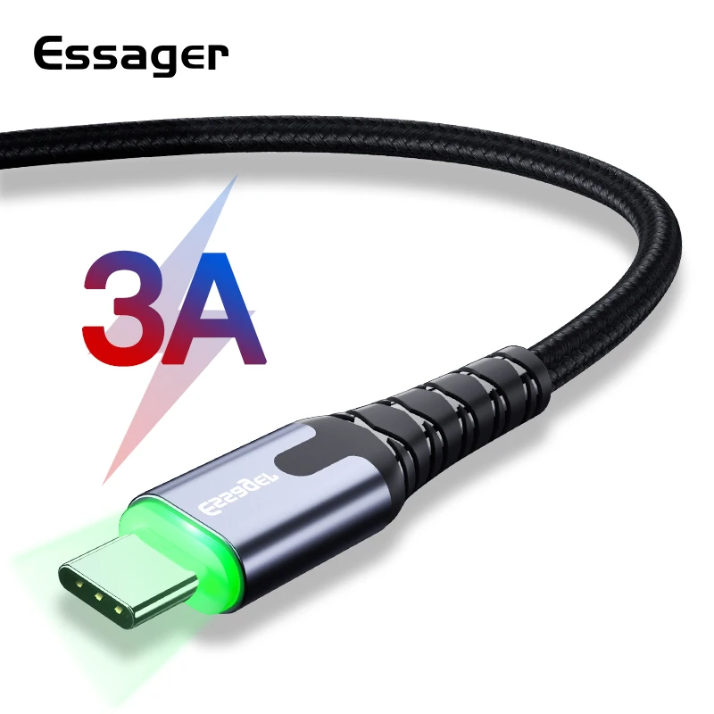 Essager 3A usb type C светодиодный кабель для samsung S9 S8 One plus 6t Xiaomi huawei, кабель для быстрой зарядки, USB C type-c, шнур для зарядки и передачи данных