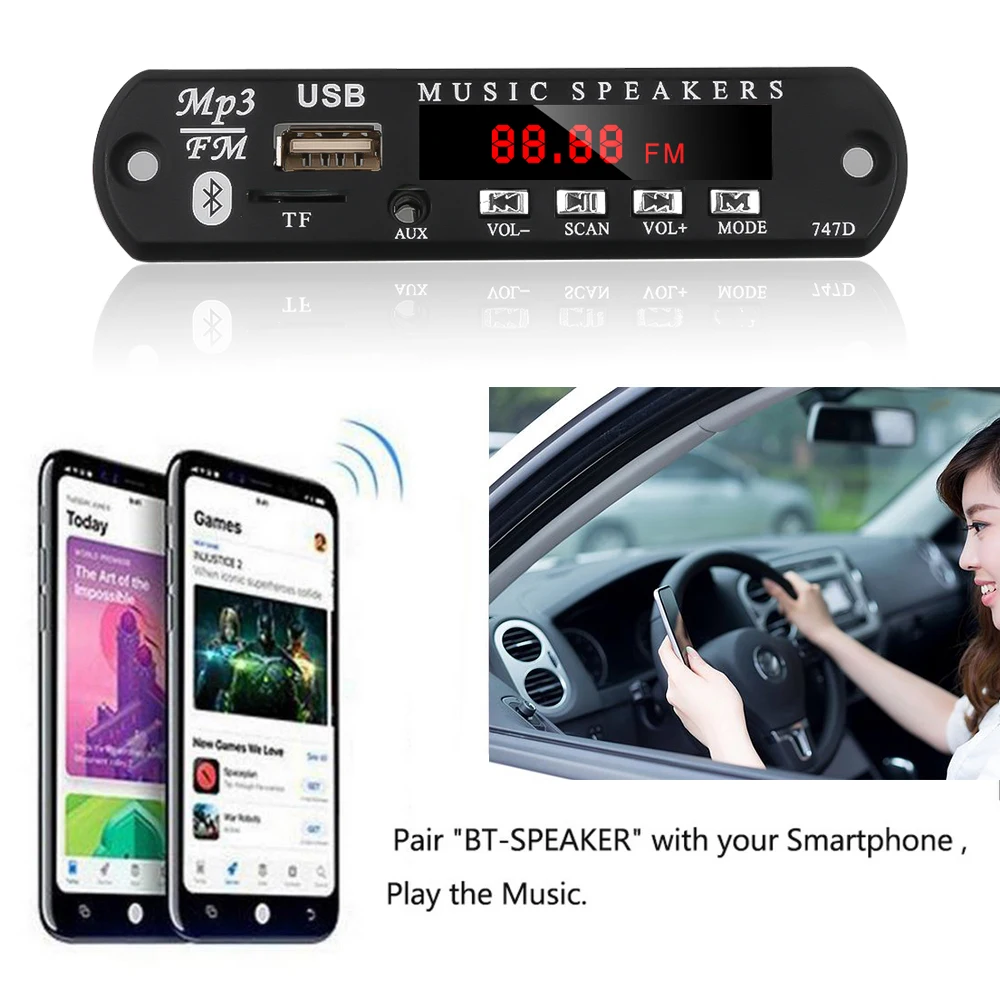 MP3 плеер с функцией громкой связи 5 В 12 Bluetooth FM радио беспроводной аудиоприемник TF