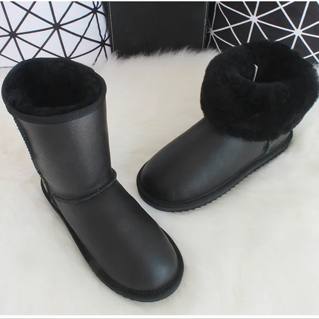 black waterproof G& Zaco/роскошные ботинки из натуральной овечьей кожи в австралийском стиле женские шерстяные зимние ботинки обувь на овечьем меху зимние классические ботинки до середины икры на плоской подошве - Цвет: black waterproof