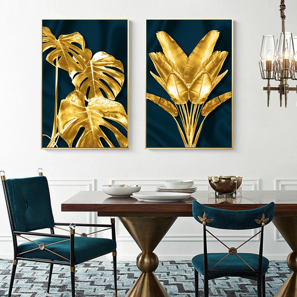 

Golden Monstera Leaf Canvas Posters Prints Painting Nordic Plant Wall Art Pictures for Living Room Cafe Home Decor No Frame