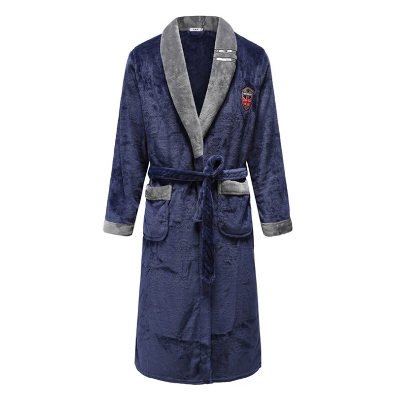 Autumn/Winter Men Nightgown Kimono Bathrobe Gown Coral Fleece Negligee V-neck Intimate Lingerie Solid Colour Sleepwear images - 6