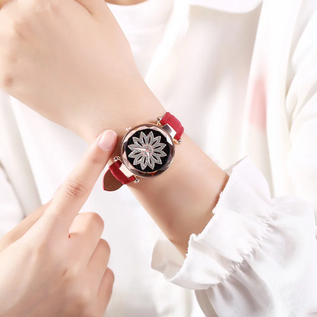 Женские часы reloj mujer, лаконичный минималистичный цветок, вращающийся циферблат, ремень, женские кварцевые часы bayan kol saati montre femme