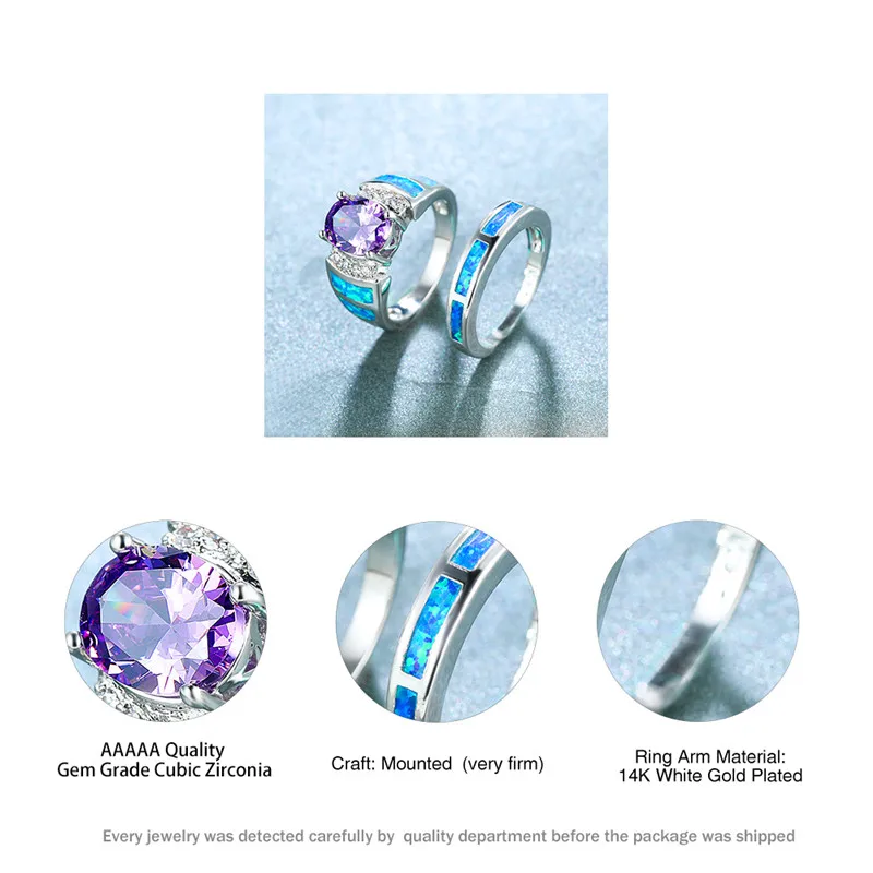 

Luxury Female Purple Oval Crystal Ring Classic Zircon Silver Color Engagement Rings For Women Charm Blue Opal Wedding Ring Set