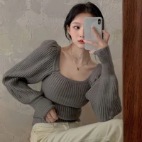 fashion short vintage style sweater and pullovers lantern sleeve womens spring and autumn knit tops