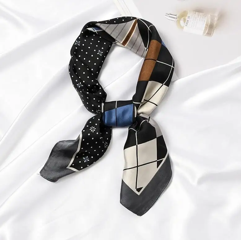 

yishine New 70x70cm Casual Dots Patchwork Print Satin Silk Scarf Female Women Fashion Style Head-Neck Soft Scarf for Girls