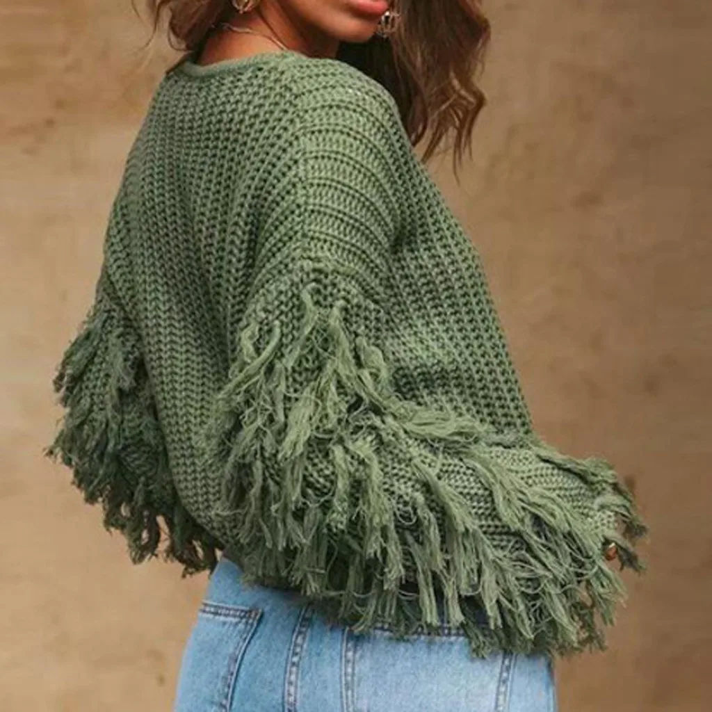 Винтажный свитер с круглым вырезом и кисточками женская уличная одежда длинным