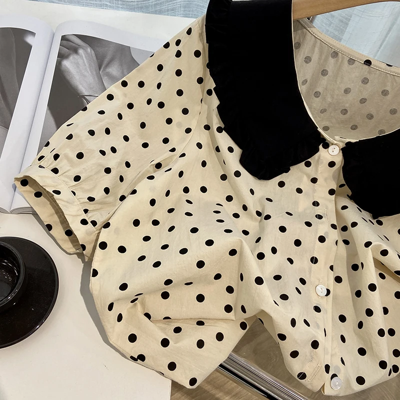 

2021 Summer Korean Style Simple Black Lace Doll Ladies Shirt Women Loose Slim Polka Dot Western Blusas Short Sleeve Fashion Top