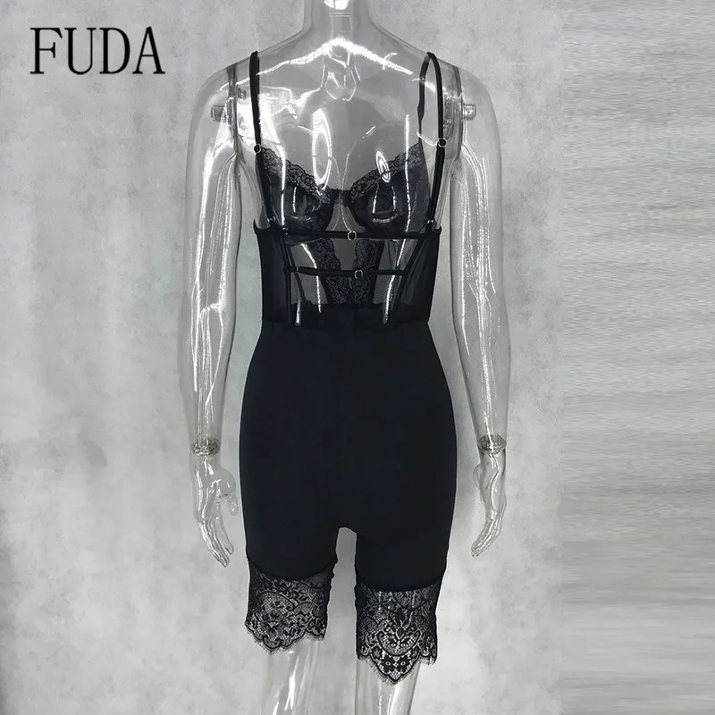 Сексуальное Кружевное боди FUDA, женский комбинезон с открытой спиной, черный облегающий комбинезон, элегантные обтягивающие вечерние боди для клуба, короткие комбинезоны