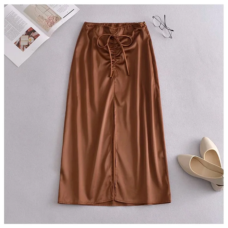 

Women 2021 Za Summer Chic Fashion Draped Front Slit Silk Texture Midi Skirt Vintage High Waist Back Zipper Female Skirts Mujer