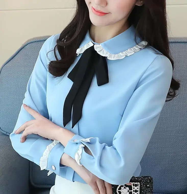 

Free Shipping High Quality 2019 Spring New Arrival Peter Pan Collar Bowknot Long Sleeve Woman Chiffon Blouse Blue