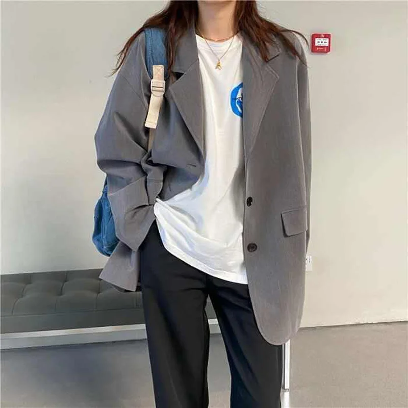 

Autumn Women Blazers Single Breasted Chic Vintage Loose Solid Students BF Ulzzang Leisure Notched Slim Female Suits Coat Simple