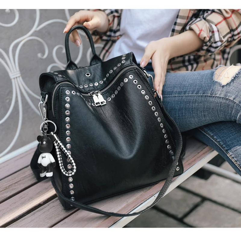 Женская сумка из натуральной кожи Новый Модный женский рюкзак с заклепками