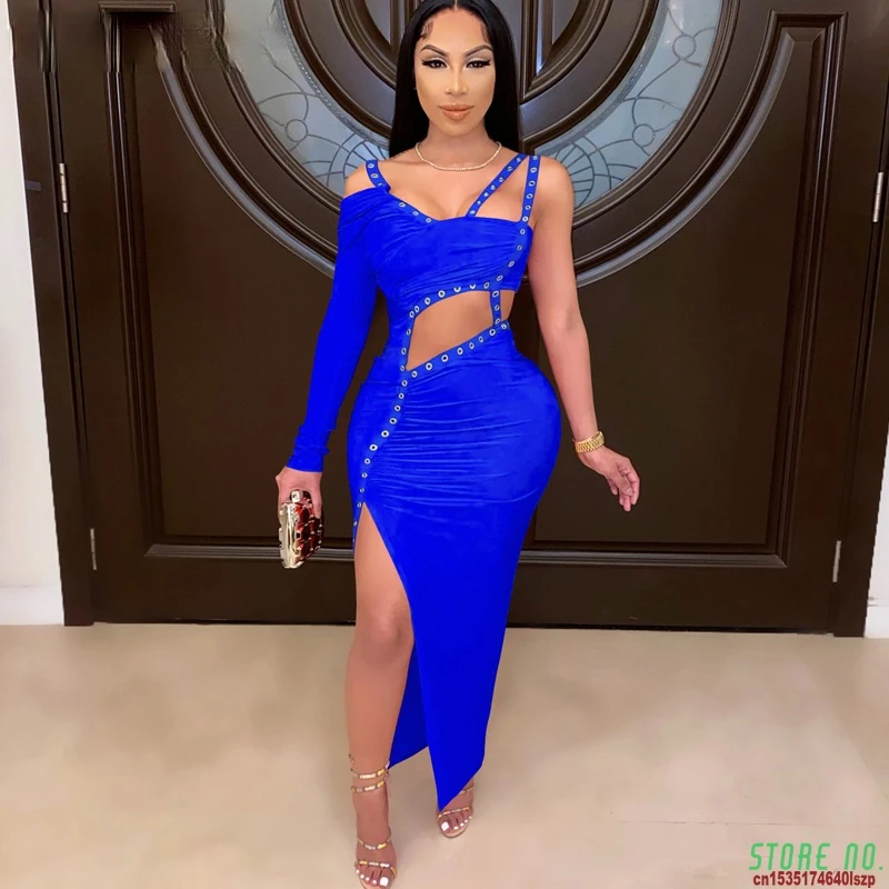 

Женское облегающее платье до щиколотки с одним рукавом и разрезом сбоку