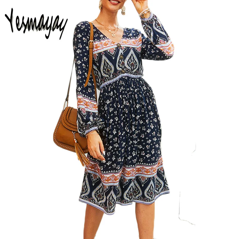 Женское платье из хлопка с длинным рукавом и v образным вырезом богемное