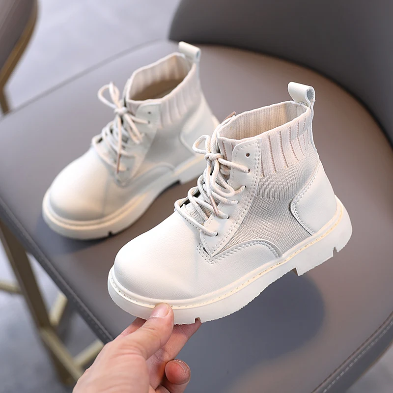 

Girls Shoes Boys Shoes Boots Leather Knit Stitching Kids Martin Boots Fashion Children's Shoes