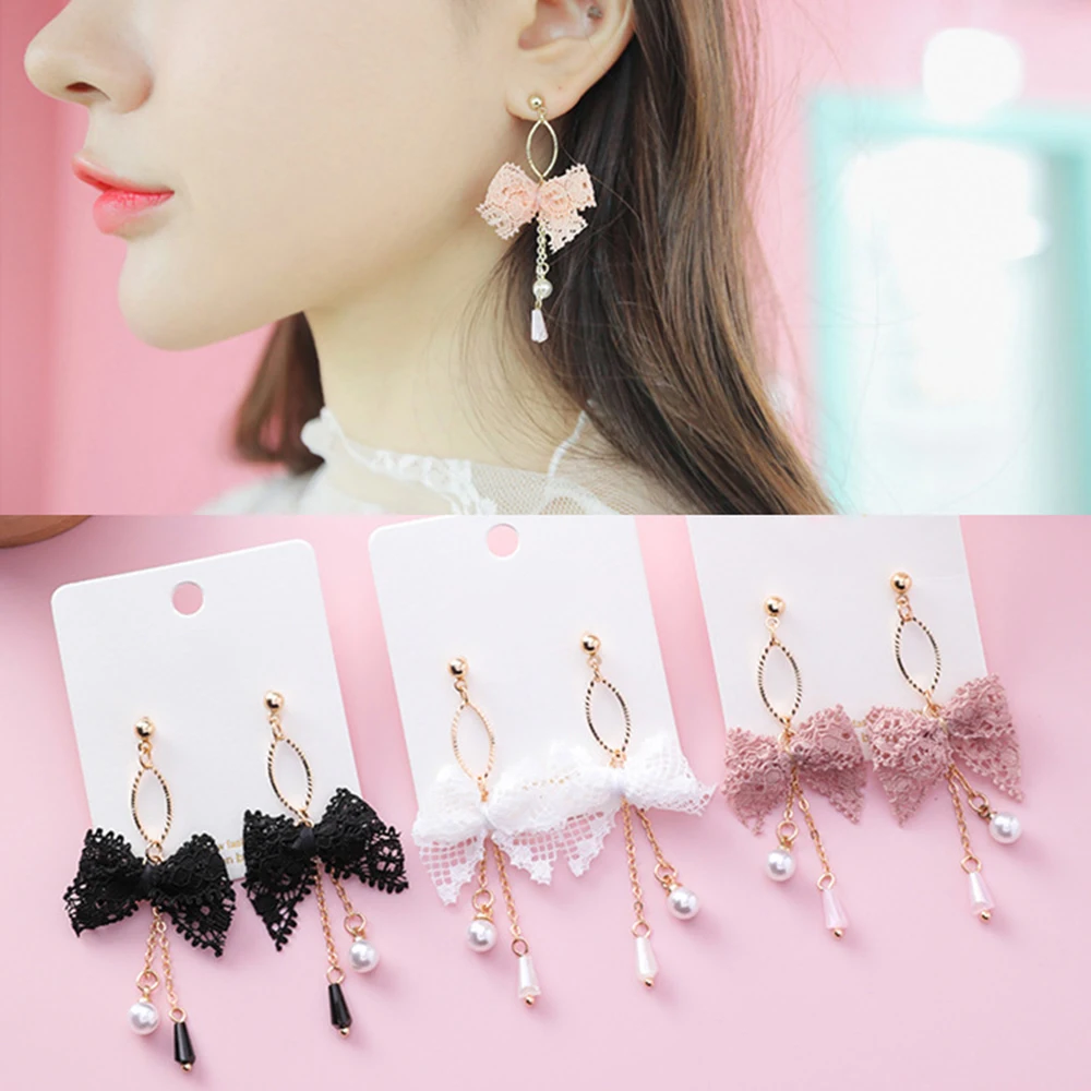 Милые серьги с кружевным бантом и кисточками модные элегантные длинные висячие