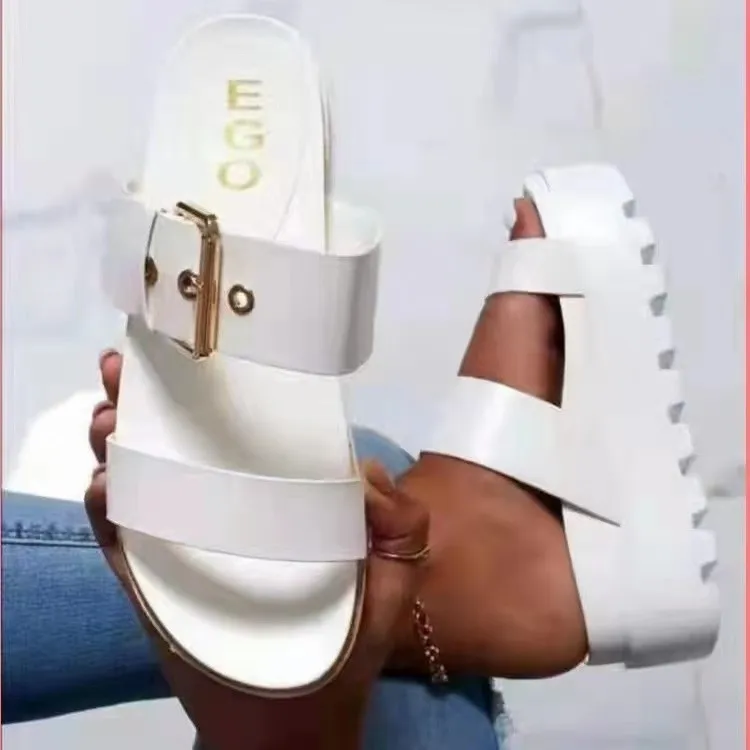

Size 36-43 2022 Summer Fashion Buckle Flat Leather Slippers Woman Brand Designer Socofy Slip on Loafers Mules Flip Flops Casual