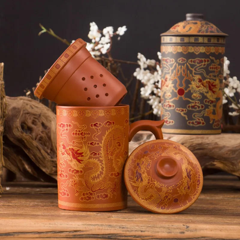 Retro Yixing Dragon Phenix Purple Clay Tea Mug with Lid and Infuser Handmade Ceramic Teacup Office Water Cup Gift Home Drinkware | Дом и сад