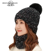 new winter women plus velvet knitted warm wool scarf hat sets girls pom poms beanies cap windproof hat thick scarf set for women