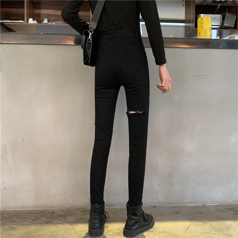 

2020 Spring and Autumn New Large Size High Waist Ripped Jeans for Plump Girls Women Korean Style Loose Slimming Stretch Feet