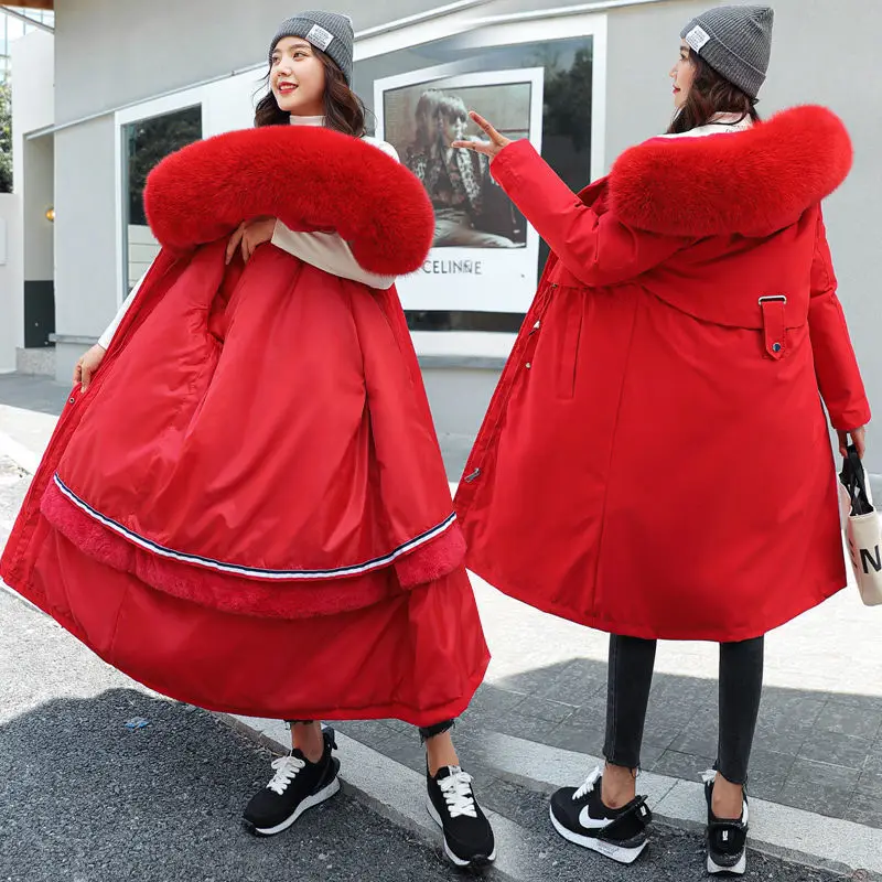 

women's overcomes middle school long style over the knee big hairy collar, slim fit and thick cotton padded clothes