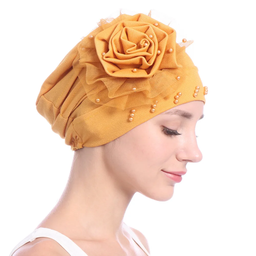 

Side large flower mesh lace binding nail bead Muslim head cap solid color hood