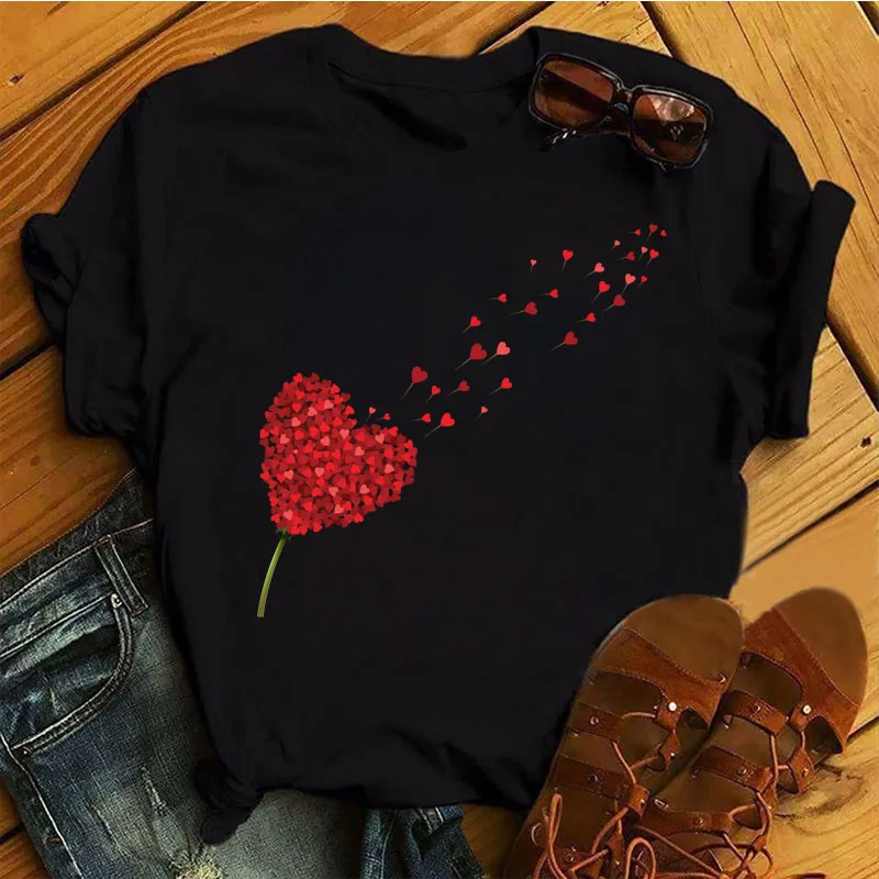 

Women T Shirt Red Heart Dandelion Printed T Shirt Female Fashion Short Sleeve Cute Graphic Tee Tops Women Summer Casual T-shirts