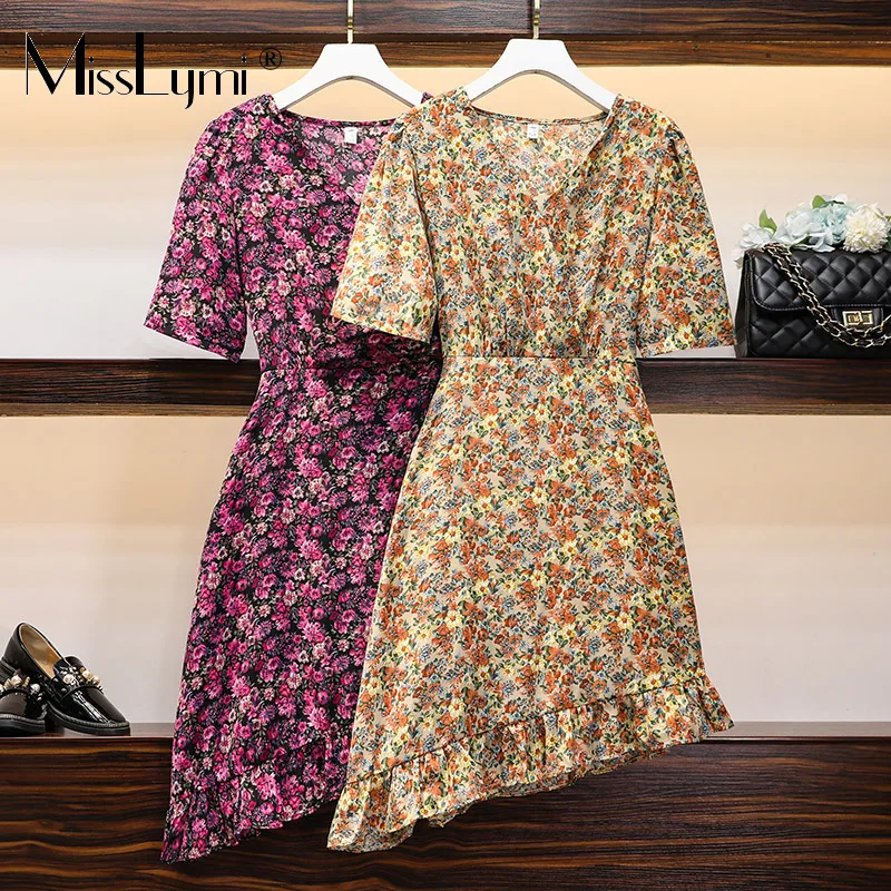 

L-5XL Plus Size Women Floral Dress Summer 2021 New Japanese Fashion V-neck Short Sleve High Waist Asymmetry Ruffle Short Dress