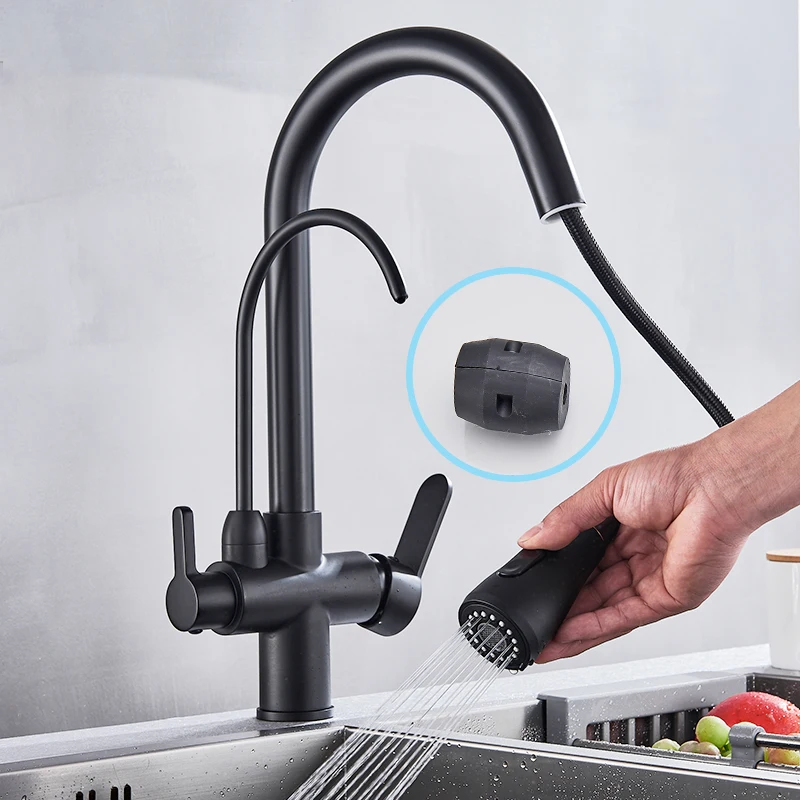 

2021 Purification Kitchen Faucets Black Pull Out Kitchen Water Filter Tap 3 Way Mixer torneira para cozinha de parede Crane