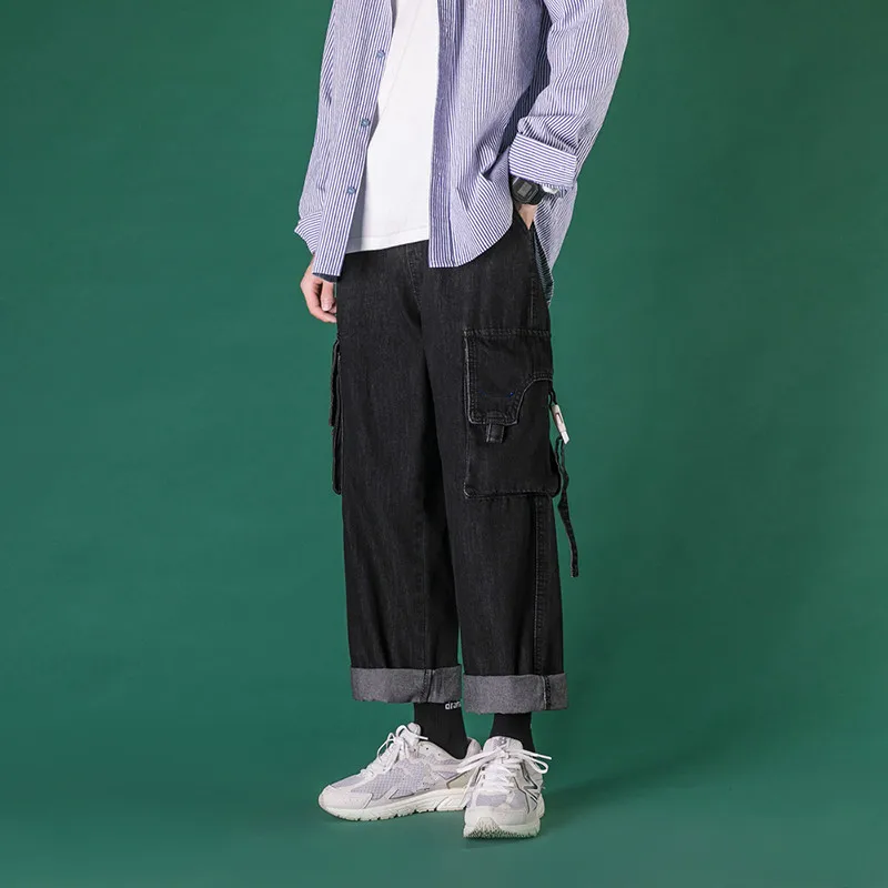 

Men's Straight Pants Wash Jeans Black Blue Color Casual Pants More Pocket Cargo Pants Biker Denim Loose Trousers