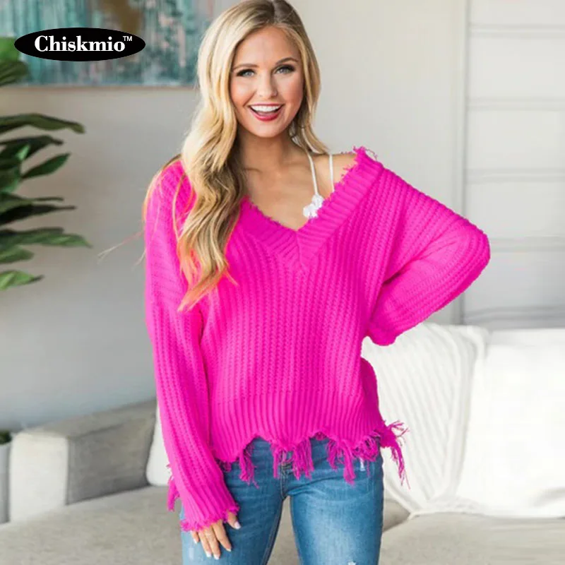 

Chiskmio Off The Shoulder Sweater Women Knitwear V-neck Edge Tassel Knitted Pullover Female Tops Long Sleeve Sweaters Autumn
