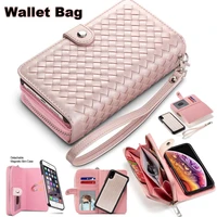luxury zipper wallet card holder slot detachable pocket protective hard shell magnetic folio pu leather flip case for iphone